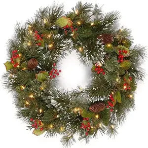 Pre-Lit Artificial Christmas Wreath Hanging Kit, Green, Crestwood Spruce, White Lights, Decorated with Pine Cones, Berry Clusters, Frosted Branches, Christmas Collection, With Ribbon and Hook