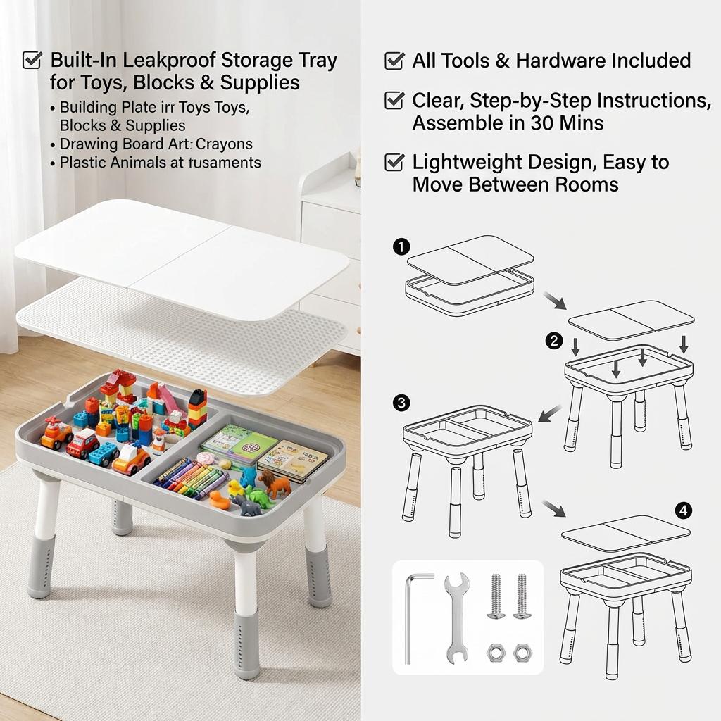 5-in-1 Adjustable Kids Table and 2 Chair Set, Multi-Function Toddler Activity Table with Storage Bin, Build & Learn Desk for Blocks, Art, Dining, Sensory Play, Perfect for Playroom & Backyard