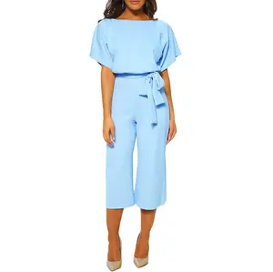 CHARTOU women's summer and autumn short sleeved jumpsuit with bow tie at the waist and wide leg seven quarter jumpsuit