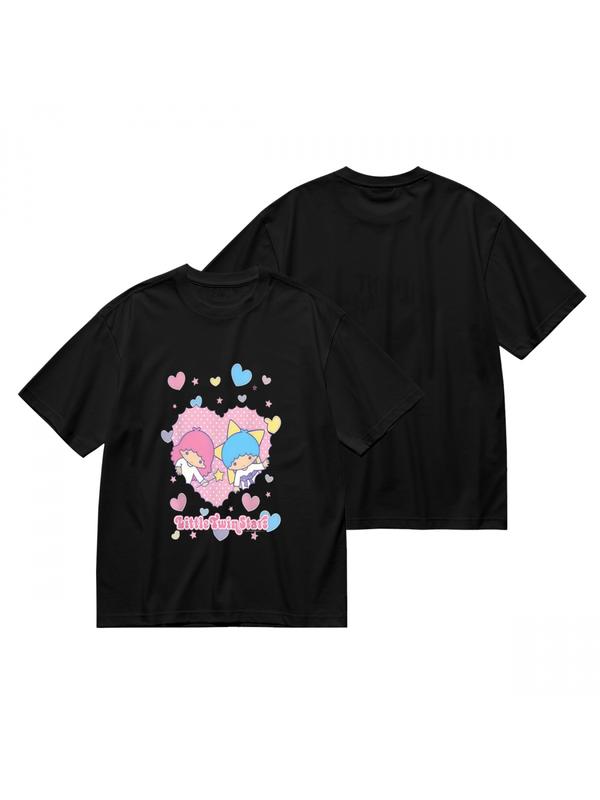 Sanrio for hello kitty for little twin stars Women's T-Shirt - Cute Cartoon Print, Black with Pink& Blue Hearts, Stars, and "for Little Twin Stars" Text, Perfect Gift for Girls, Stylish Short Sleeve f