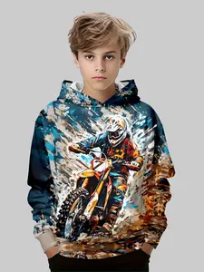 Boys' Off-Road Motorcycle Print Graphic Hoodie, Trendy Casual Sweatshirt, Outdoor Kids Hooded Top for Autumn Winter, Perfect Gift for Motorbike Enthusiasts
