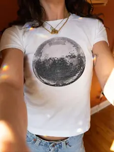 Women's Disco Ball Print Round Neck Crop Tee, Casual Slim-fitting Short Sleeve T-shirt, Ladies Summer Clothes for Daily Wear