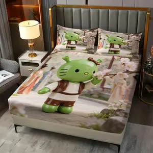 3 Pcs  Chinese Style Cute Green Kitty and Shrek Monster Fitted Sheet Set, Aesthetic Garden Style Bedding Set, Skin-Friendly Wear Resistant, Deep Pocket Full Wrap Fits Multi-Size Mattresses, Home Bedroom All Season Universal - No Filling