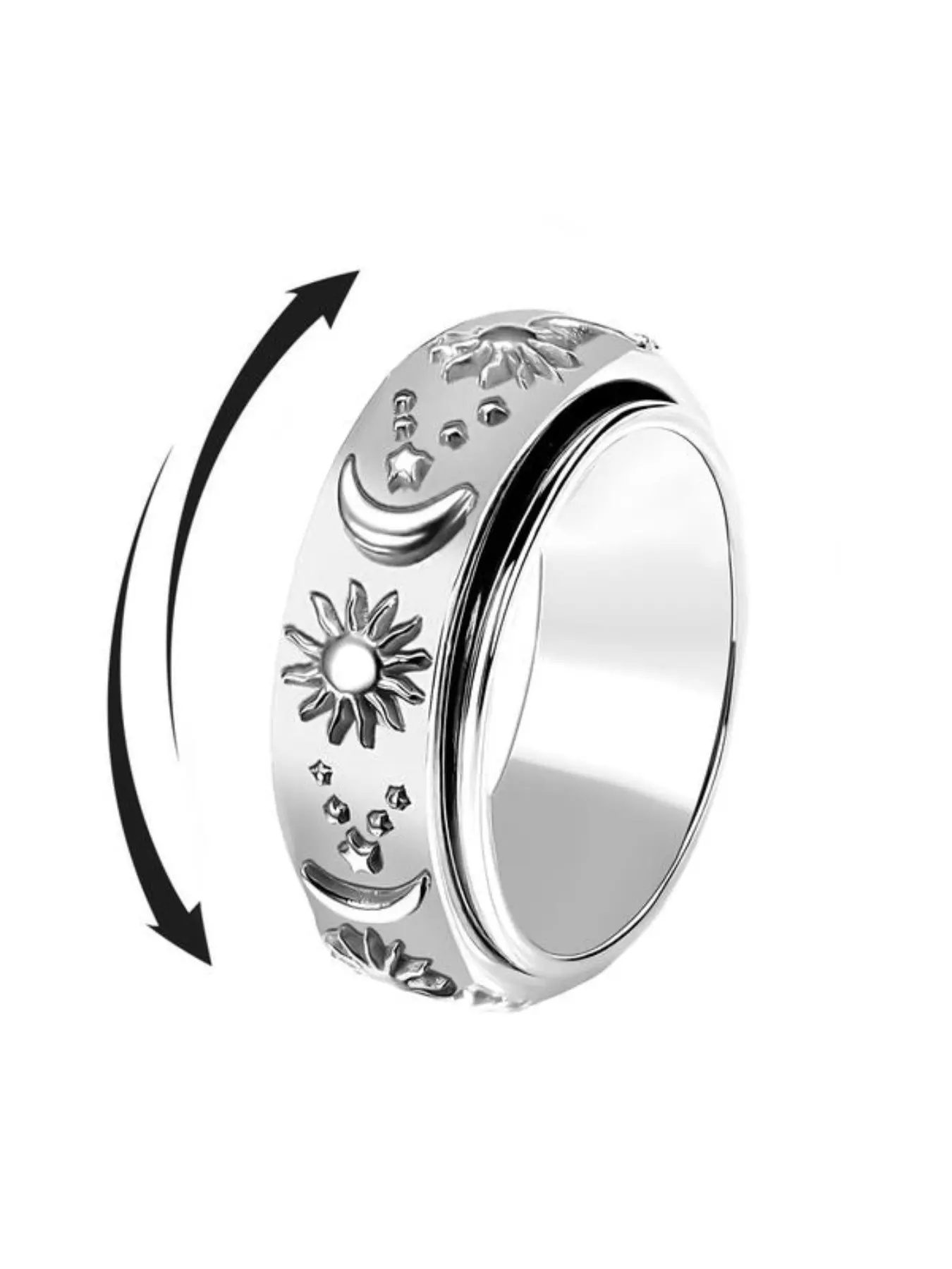 Sun Moon Stars Rotating Finger Ring, Anxiety Relief, Stress Relief Ring, Fidget Ring, Sunflower Fidget Ring, Unisex Stainless Steel Engagement Wedding Band, Back-To-School Teacher Gift