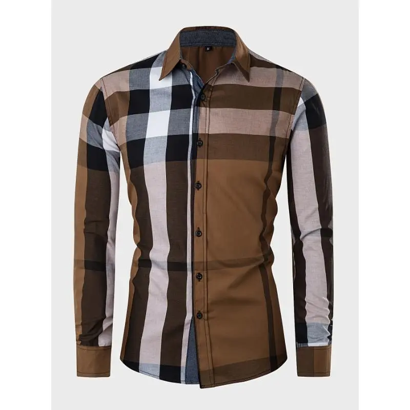 Men's 100% Cotton Classic Checked Longsleeves Button-Down Shirt - Casual Wear with Chest Pocket (Sports & Outdoor Accessory)