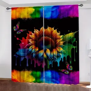 2-Piece Colorful Sunflower Print Curtains, Stylish Rod Pocket Window Drapes for Bedroom & Living Room, Comfortable Atmosphere, Easy Installation, Home Decoration Curtain