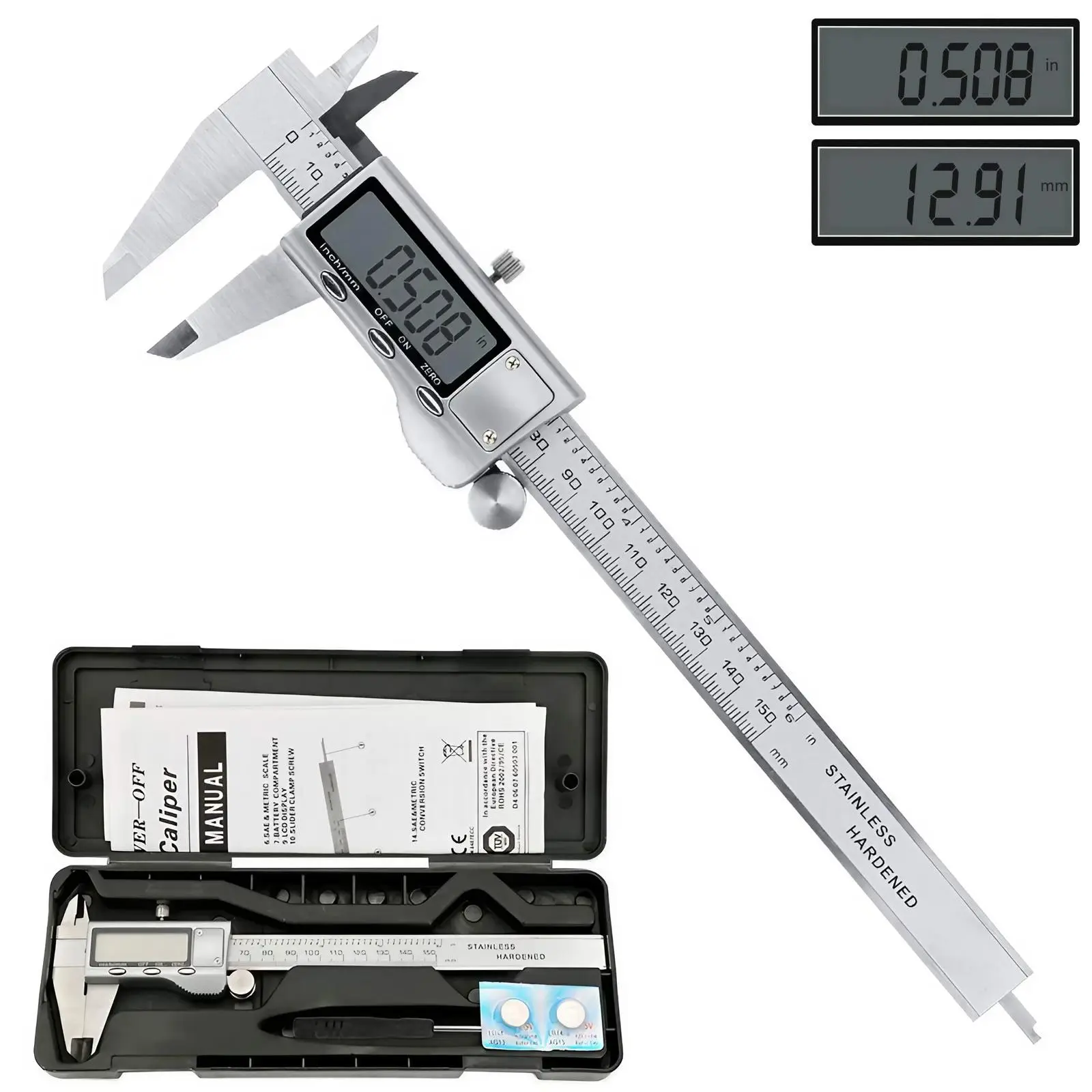 Digital Vernier Caliper, Stainless Steel Vernier Caliper Measuring Tool, Portable Electronic Vernier Caliper with Digital Display & Inch/mm Conversion