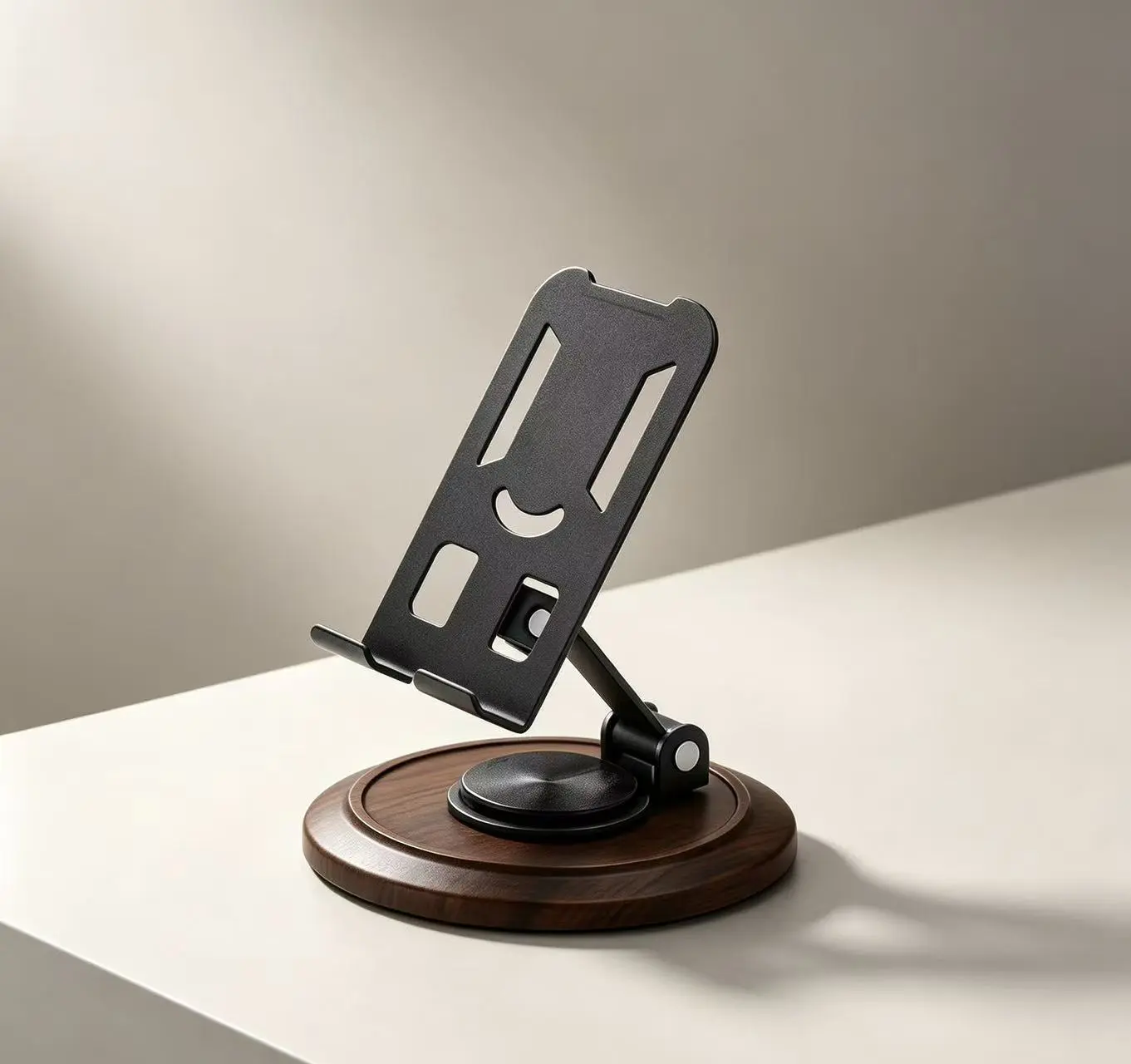 360° Rotating Round Desktop Mobile Phone Stand - Adjustable Foldable Universal Stand with Steel Wood Base, Desktop Mount for Smartphones Tablets, Ideal for Landscape Live Video Viewing