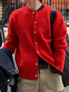 Autumn Winter Christmas Holiday Korean Men Plain Simple Casual Loose Fit Round Neck Button Long Sleeve Cardigan Sweater Coat Knitwear