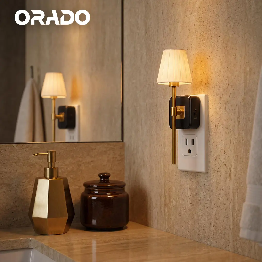 Plug-in LED Night Light with Dusk to Dawn Sensor, Dimmable Vintage Wall Sconce with Fabric Shade for Bedroom Bathroom