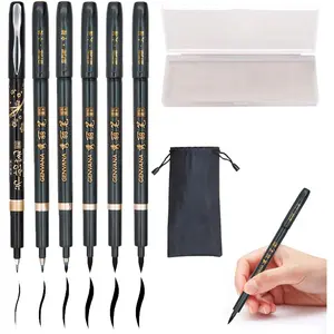 Refillable Hand Lettering Calligraphy Brush Marker Pens Set Black 4 Sizes 6 Pack for Writing Painting Drawing