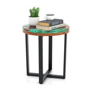 COSTWAY - Solid Live Edge Round Teak Wood Outdoor End Table with Epoxy Resin Tabletop