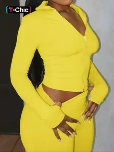 Pure Color Casual Lapel Zipper Short Crop Top Bell Bottom Pants Two-Piece Set, Cozy Set, Slim Fit High Waist Long Sleeve Fall Womenswear