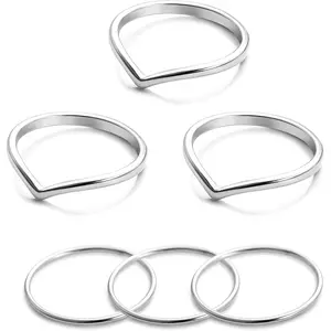 FINREZIO 6 Pcs Silvery Classic Thumb Rings for Women Men Exquisite Chevron Rings Simple Thin Midi Stacking Copper Rings V-shaped Rings Set for Daily Wear