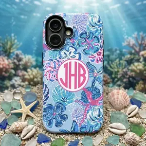 Custom Monogram Phone Case, Personalized Starfish and Sea Shell Cover, Coastal Blue Pink Aesthetic, Gift for Her, iPhone 17 16 15 14 13 Case