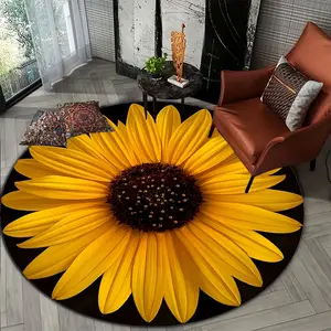 1pc Sunflower Floral Flannel Round Rug, Mat, Decorative Rug, Classic Background, Spring Summer Decor, Living Room Bedroom Office