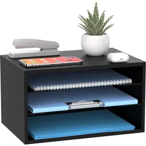 3-Tier Paper Organizer for Desk, Wood Desktop Organizer with Adjustable Letter Tray, Mail Sorter for Office School & Home, Black