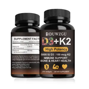 DUWZGU Soft Capsule Vitamin D3 125mcg & K2 100mcg for Bone Heart Health 200 Softgels Immune Support Supplement