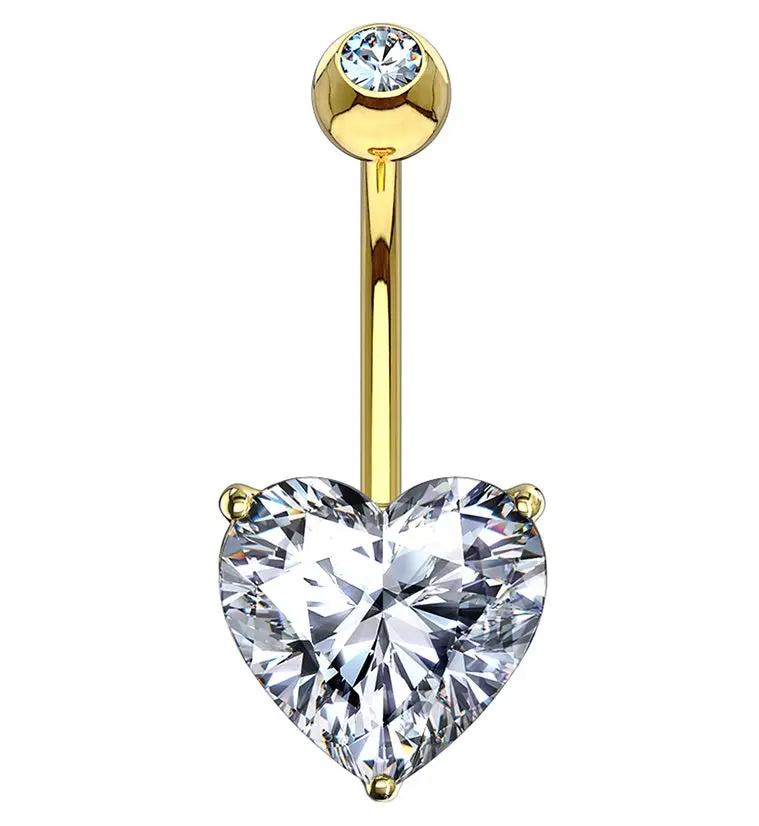 14kt Gold Prong Heart CZ Belly Button Ring