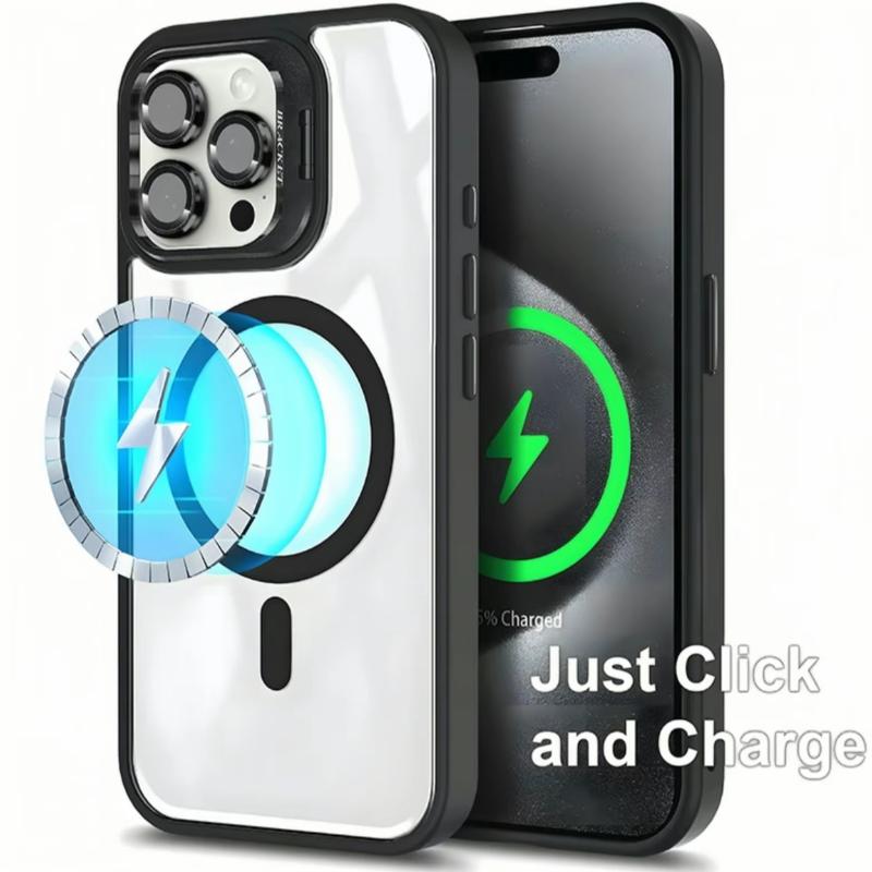 iPhone17 16 15 14 13 12 Max Plus Pro Magnetic Mobile Phone Case with MagSafe Camera Ring Holder, Military-Grade Protection, Anti-Fall, Non-Yellowing, Wireless Casing Protector Cover, Black Silicone