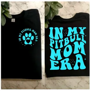 pitbull mom shirt in my pitbull mom era cute popular trending retro wavy lettering dog mom blue and black short sleeve shirt