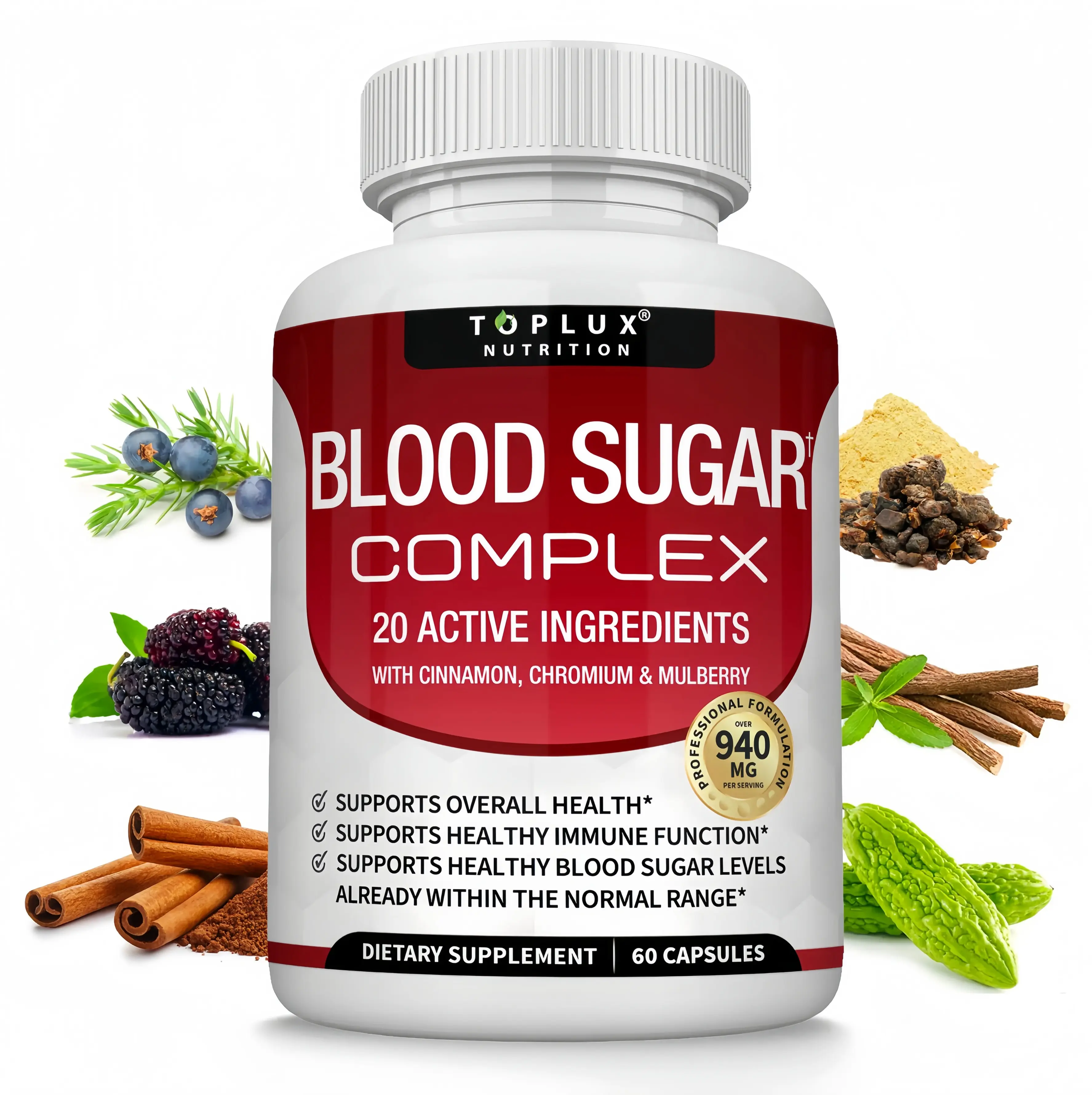ZZZ Blood Sugar Complex 20 Vitamins & Minerals - Supports Healthy Blood Sugar Levels Already Within Normal Range All Natural with Cinnamon, Bitter Melon, Chromium, Mulberry, Alpha Lipoic Acid, Non-GMO, 60 Capsules