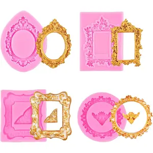 4 Pcs Baroque Style Photo Frame Silicone Molds Mini Frame Silicone and Air Dry Clay Molds for Crafts Pink