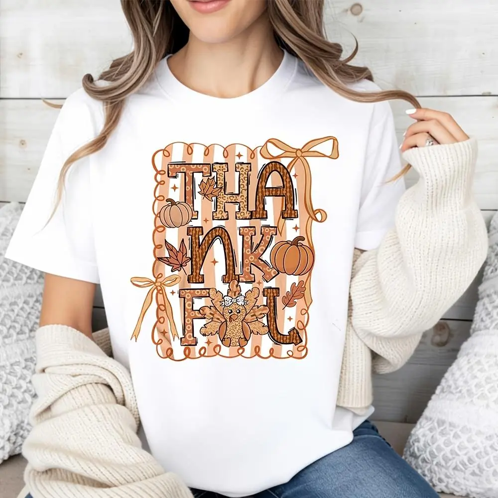 Thankful Pumpkin Leaves Print T-Shirt, Autumn Thanksgiving Festival Graphic Tee, Fall Season Casual Daily Wear