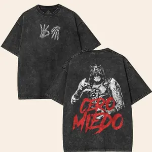 Penta El Zero Miedo Vintage Washed T-Shirt | Wrestling Skeleton Hands Graphic Streetwear Tee | Heavyweight Cotton Oversized Cero Miedo Mask Retro Hip Hop Casual Summer Top Gift for Men WWE wash unisex classic fan Fabric Menswear shirt wwe fan