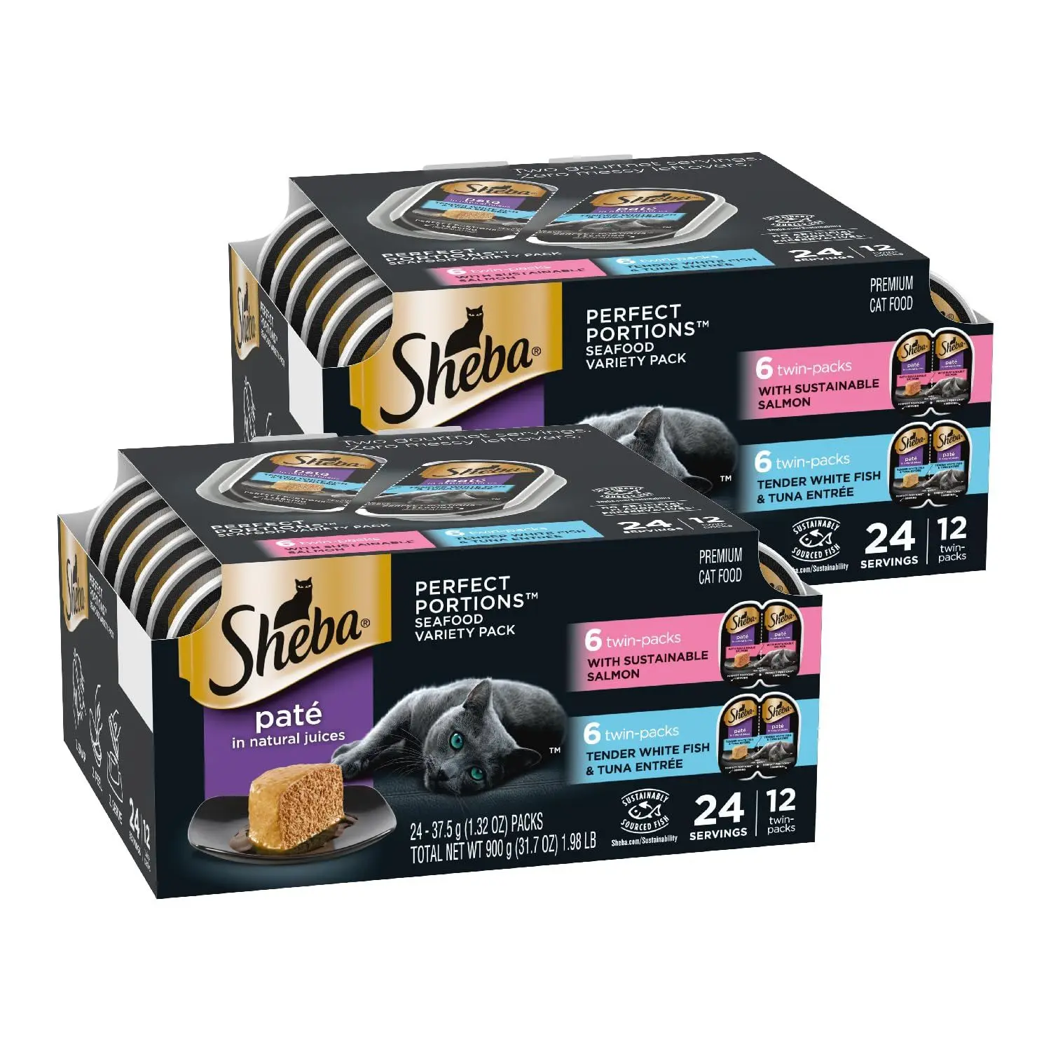 Sheba Perfect Portions Pate Wet Cat Food, Seafood Variety, 2.6 oz, 24 ct | Grain-free, made in USA, Sustainable Salmon, Signature Seafood & Whitefish Tuna, no artificial flavors, twin-pack trays