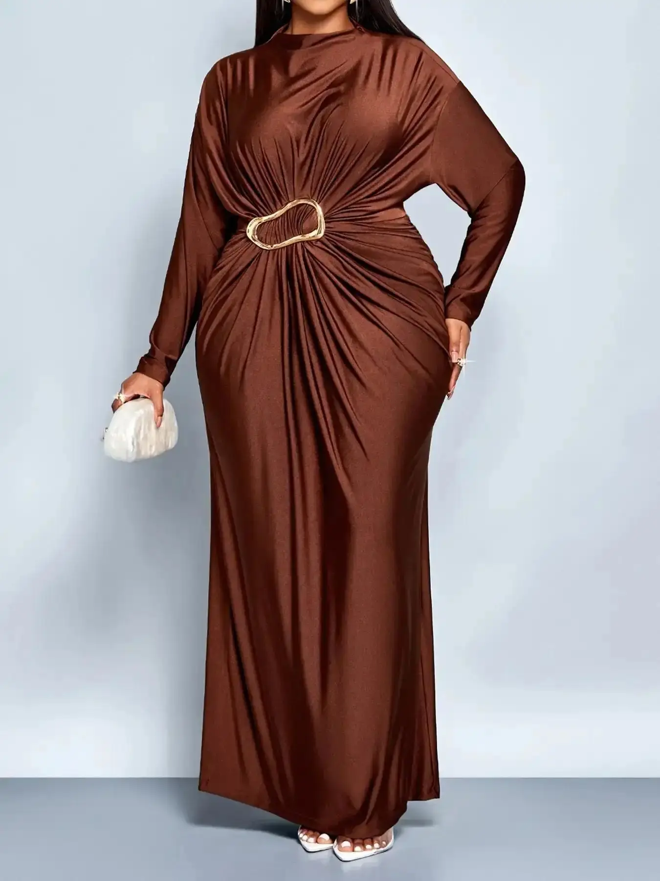 Women's Elegant Fall Winter Dress, High Neck Waist Long Sleeve, Plain Loose-Fitting, Perfect for Christmas Party, Holiday, Date, Valentine's Day, Womenswear evening dress polished year round dressed up
