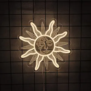 Burning Sun and Moon Neon Sign Light - 3D Boho Aesthetic Room Decor Celestial Mystic Sun Moon LED Sign Light w/Closed Eyes Psychedelic Hippy Wall Art for Home Bedroom Man Cave Gift