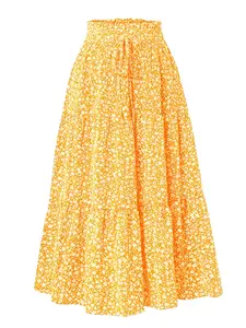 Women's Layered Long Dress, Ruched Elastic Waist, Flowy Floral Print Skirt, Loose-Fitting A-Line Half Skirt, Tall and Slimming, Elegance