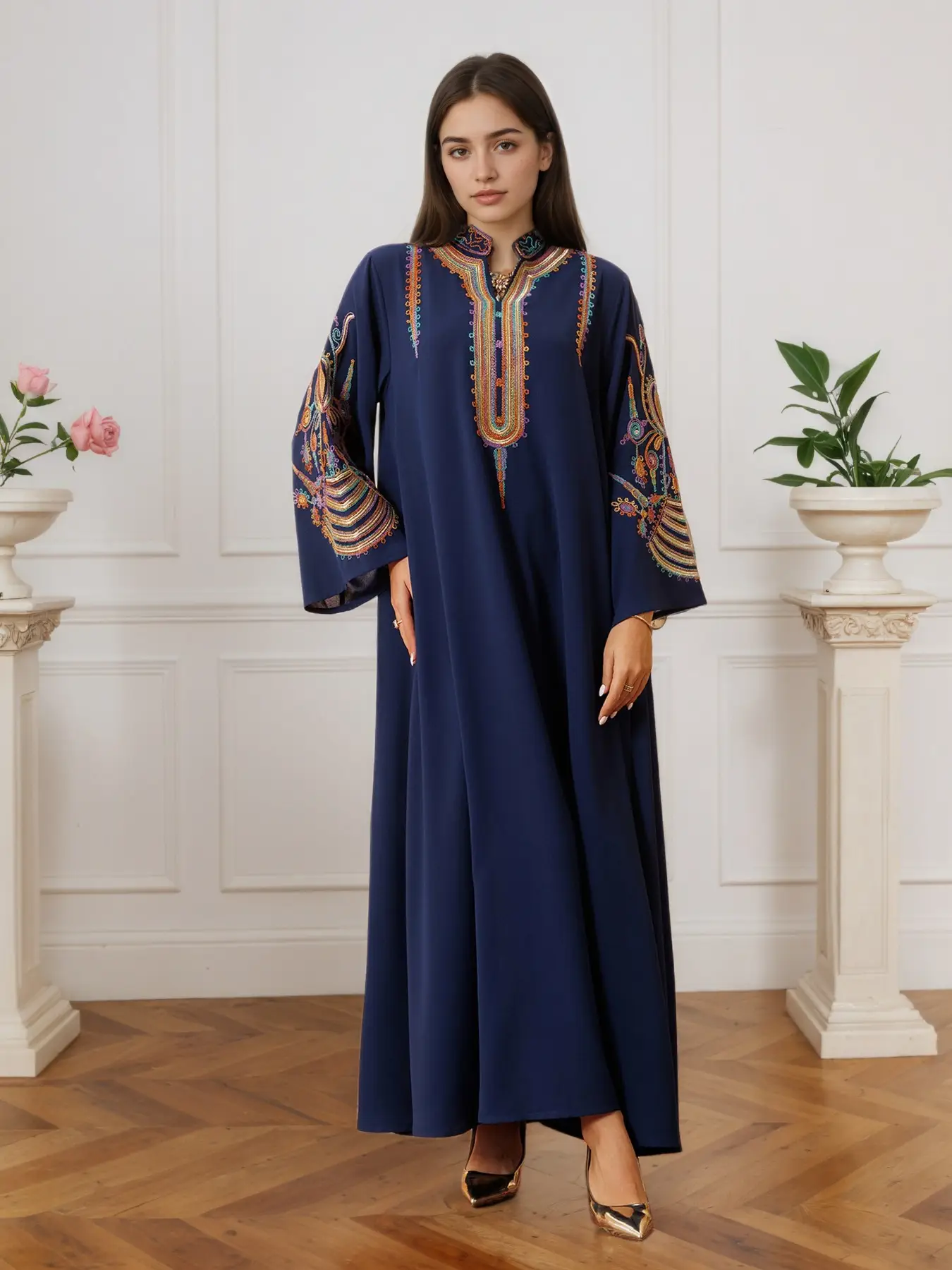 Elegant Muslim Women's Long Robe with Colorful Embroidery, Perfect for All Seasons, Stylish and Comfortable Clothing