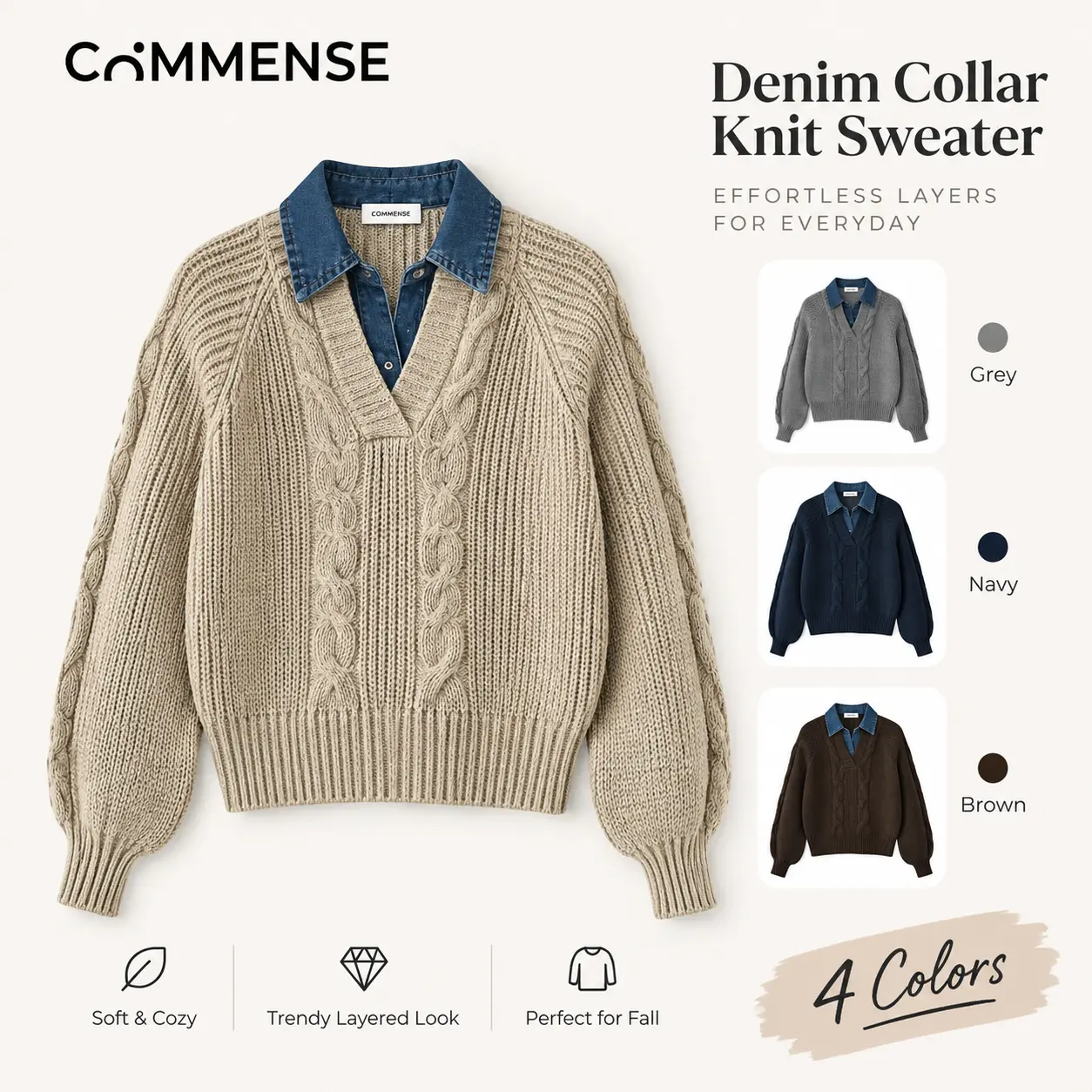 COMMENSE Women's Denim Panel Ribbed Lapel Sweater - Long Sleeve Tops Women, Cozy Evening Wear, Easy Go-To for Casual Outings, Jeans-to-Sneakers Chic Casual Knitwear