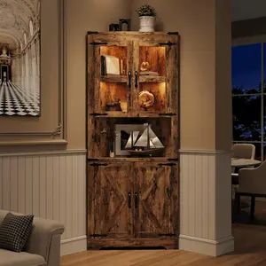 67 inch Tall Corner Storage Cabinet with Lights  Farmhouse Wooden Corner Hutch with Glass Doors  Adjustable Shelves  Display Cabinet  Brown