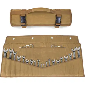 Wrench Roll 32 Pockets, Heavy-Duty 16 oz. Waxed Canvas Wrench Roll Up Bag Holds Wrench Wrap for Metric and SAE Wrenches, Wrench Pouch with Buckles and Handle, Sturdy Wrench Tool roll (Khaki)