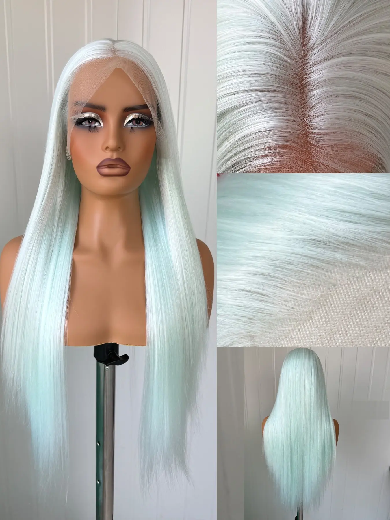 Light Mint Color Synthetic Soft Hair Silk Straight Heat Fiber Lace Front Wigs Cosplay Party Women Use Mint White Mix Hair Synthetic Smooth Wig