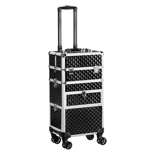 Rolling Makeup Case with Wheels & 2 Drawers, 3 in 1 Large Capacity Trolley Makeup Travel Case, Professional Cosmetology Lockable Travel Cosmetic Storage Train Cases, Black