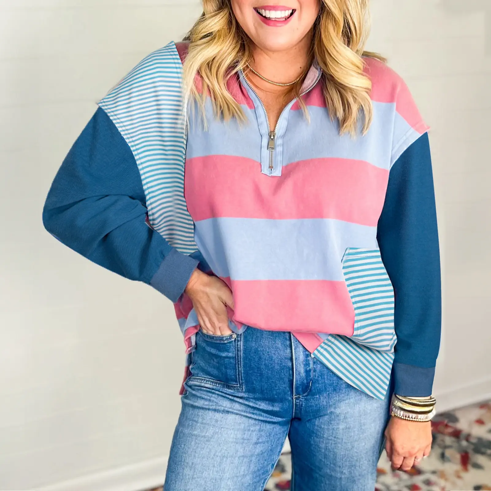 Women's Colorblock Drop Shoulder Plus Size Long Sleeve Top Large Size Pullover