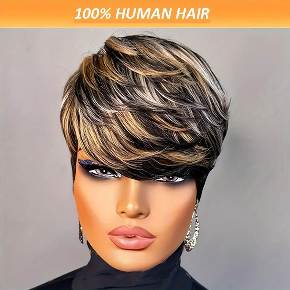 Women's Glueless Premium Brazilian Remy Human Hair Full Machine Wig - 6-in Chic Pixie Cut Layered Silky Straight Style, 150% High Density, Non-Lace Rose Net Cap, Multicolor Short Female Wig for Daily Wear & Cosplay