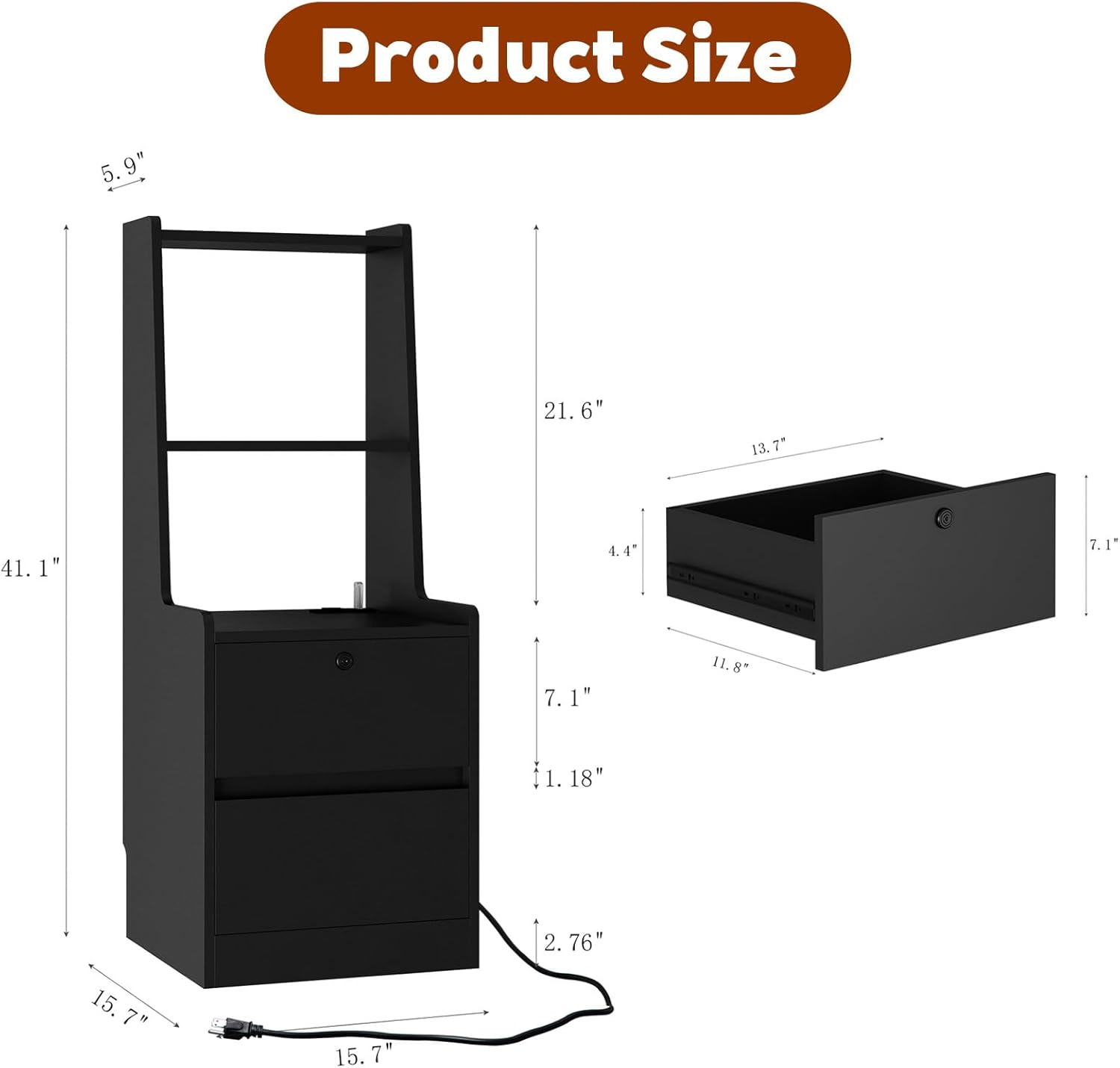 Modern Smart Nightstand with Night Light & Charging Station, Night Stand with Bookshelf, Lockable Bedside Cabinet Tables with 2 Storage Drawers for Bedroom Home Office (Black)