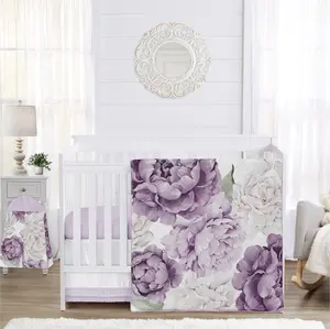 Sweet Jojo Designs 4-Piece Baby Crib Bedding Set (Purple Lavendar Boho Floral) for Girls, Infants/Nursery incl. Blanket, Fitted Sheet, Skirt, Diaper Stacker (Vintage, Elegant, Shabby Chic, Wildflower)