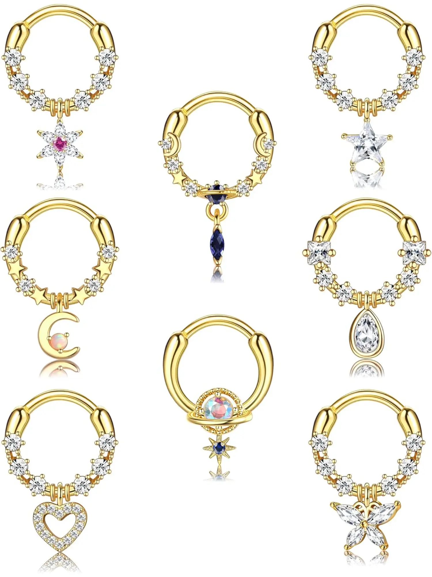 8Pcs Septum Rings Dangle Teardrop Septum Jewelry with Blue Planet Clear CZ Surgical Steel Star Daith Earrings Moon Cartilage Tragus Helix Earrings Nose Rings Piercing for Women Men