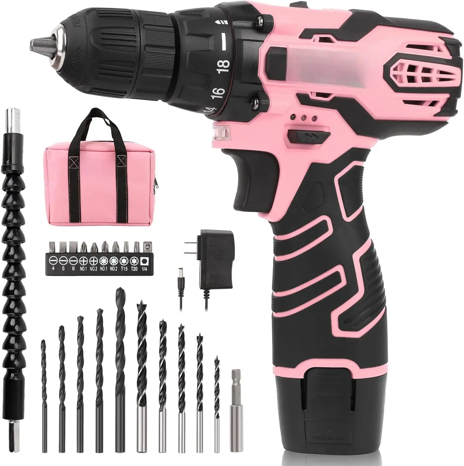 Pink Cordless Drill Set for Women, 12V Lightweight Electric  with 3/8" Keyless Chuck, 1.5Ah  - Portable Power Drill Kit with Pink Tool Bag for Home DIY Projects