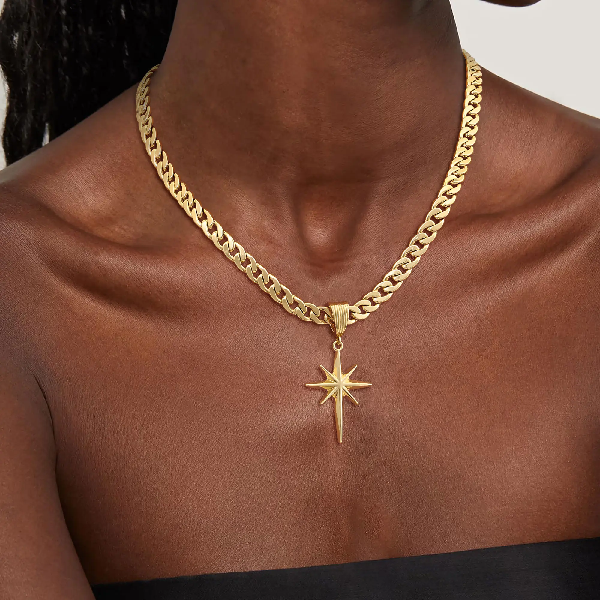 KOPERIN 14K Gold-Plated Chunky Cuban Link Necklace Set - 8mm Flat Links, Sun North Star & 8-Pointed Star Pendants, Toggle Closure, Gold Aesthetic, Chunky Style, Metallic Necklaces for Daily Wear, Fashion Gift