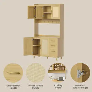 71" Tall Kitchen Pantry Cabinet with Storage, Freestanding Hutch Sideboard Buffet Cabinet with Rattan Door, 3 Drawers, 6 Hooks, Adjustable Shelves, Microwave Stand Countertop for Living Room