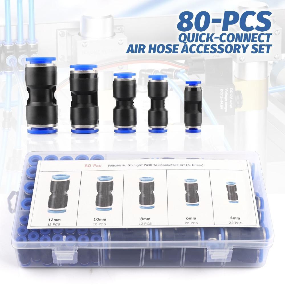 Pack of 80 Quick Connect Air Hose Fittings – Pneumatic Push to Connect Fitting Kit, Air Line Connectors, Push-In Fittings, Universal Quick Release Air Fittings Assortment