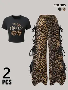 Women's Two-Piece Set, Cherry Print Short Top + Leopard Bow Wide Leg Pants, Y2K Casual Streetwear, Fashionable and Stylish, Outfit