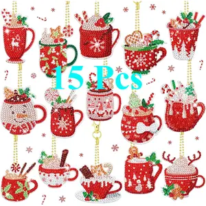 15 Pcs Christmas Diamond Painting Keychain Ornaments 5D DIY Hot Cocoa Art Crafts Family Decor
